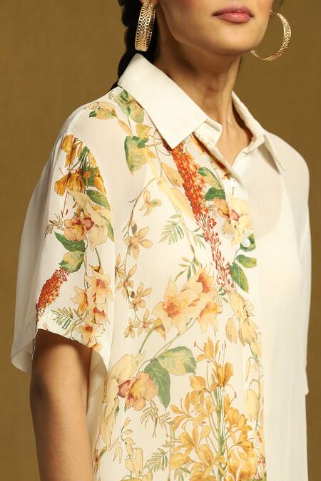 Shop_Ritu Kumar_Off White Viscose Embroidery Shawl Neck Botanic Print Shirt With Inner_Online_at_Aza_Fashions