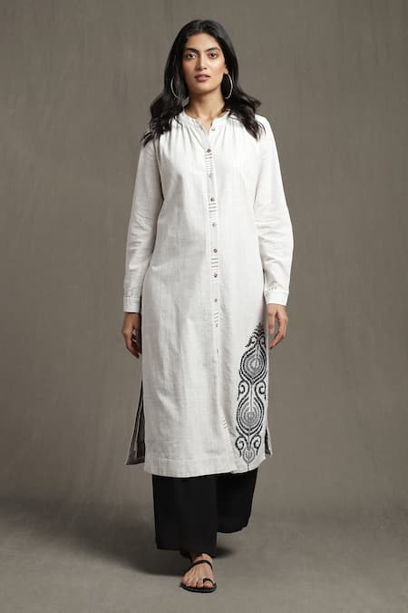 Ritu Kumar White 100 % Cotton Embroidery Thread Band Collar Placement Kurta And Palazzo Set 