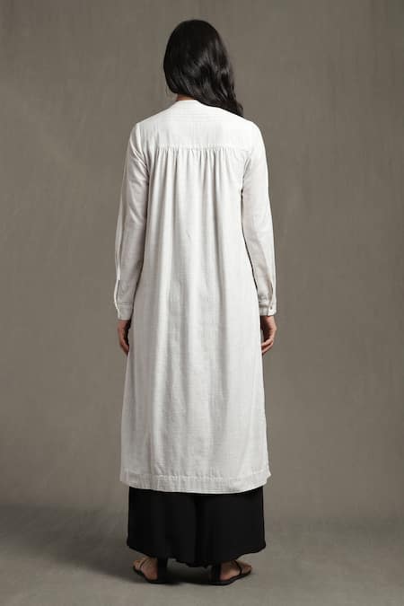 Shop Ritu Kumar White 100 % Cotton Embroidery Thread Band Collar Placement Kurta And Palazzo Set at Aza Fashions Shop_Ritu Kumar_White 100 % Cotton Embroidery Thread Band Collar Placement Kurta And Palazzo Set_at_Aza_Fashions