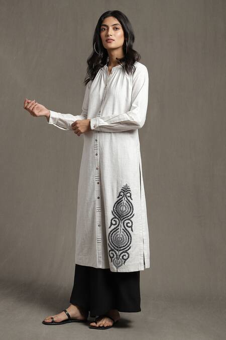 Ritu Kumar White 100 % Cotton Embroidery Thread Band Collar Placement Kurta And Palazzo Set Online at Aza Fashions Ritu Kumar_White 100 % Cotton Embroidery Thread Band Collar Placement Kurta And Palazzo Set_Online_at_Aza_Fashions