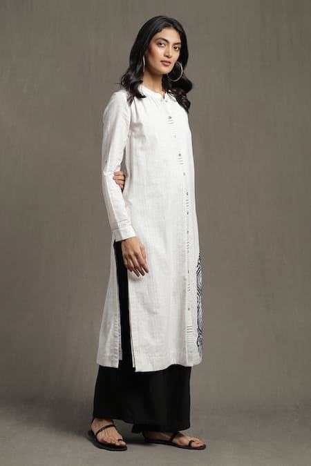 Buy Ritu Kumar White 100 % Cotton Embroidery Thread Band Collar Placement Kurta And Palazzo Set Online at Aza Fashions Buy_Ritu Kumar_White 100 % Cotton Embroidery Thread Band Collar Placement Kurta And Palazzo Set_Online_at_Aza_Fashions