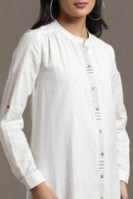 Shop Ritu Kumar White 100 % Cotton Embroidery Thread Band Collar Placement Kurta And Palazzo Set Online at Aza Fashions Shop_Ritu Kumar_White 100 % Cotton Embroidery Thread Band Collar Placement Kurta And Palazzo Set_Online_at_Aza_Fashions