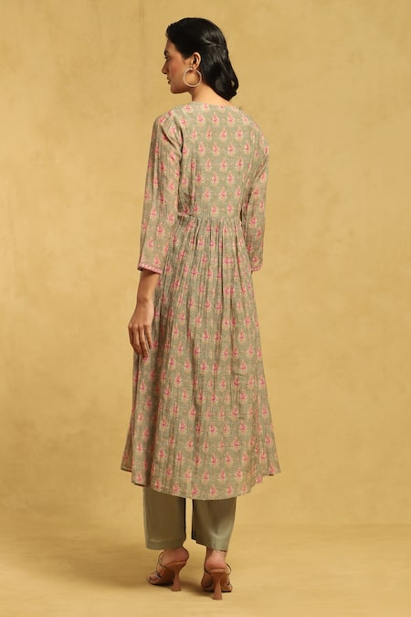 Shop Ritu Kumar Green Cotton, Silk Embroidery Round Neck Floral Print Kurta And Palazzo Set at Aza Fashions Shop_Ritu Kumar_Green Cotton, Silk Embroidery Round Neck Floral Print Kurta And Palazzo Set_at_Aza_Fashions