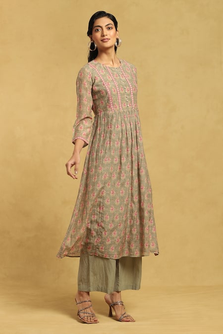 Ritu Kumar Green Cotton, Silk Embroidery Round Neck Floral Print Kurta And Palazzo Set Online at Aza Fashions Ritu Kumar_Green Cotton, Silk Embroidery Round Neck Floral Print Kurta And Palazzo Set_Online_at_Aza_Fashions