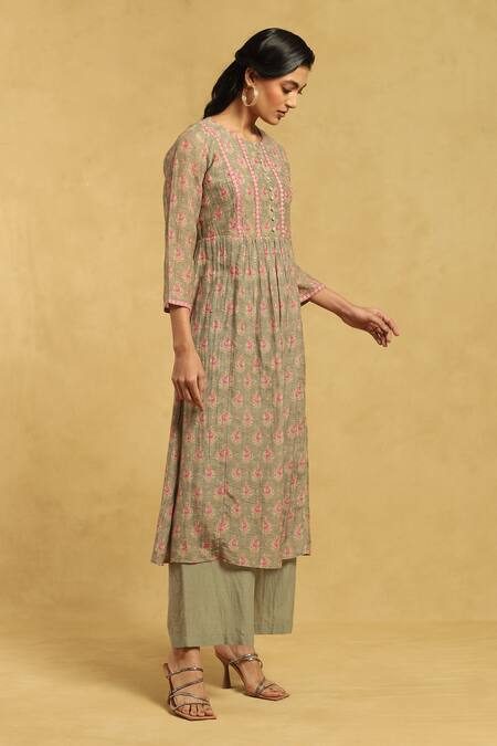 Buy Ritu Kumar Green Cotton, Silk Embroidery Round Neck Floral Print Kurta And Palazzo Set Online at Aza Fashions Buy_Ritu Kumar_Green Cotton, Silk Embroidery Round Neck Floral Print Kurta And Palazzo Set_Online_at_Aza_Fashions