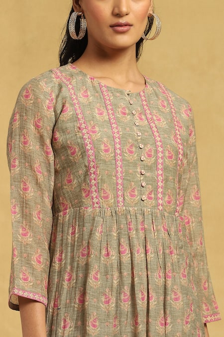 Shop Ritu Kumar Green Cotton, Silk Embroidery Round Neck Floral Print Kurta And Palazzo Set Online at Aza Fashions Shop_Ritu Kumar_Green Cotton, Silk Embroidery Round Neck Floral Print Kurta And Palazzo Set_Online_at_Aza_Fashions