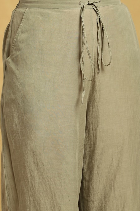 Ritu Kumar Green Cotton, Silk Embroidery Round Neck Floral Print Kurta And Palazzo Set at Aza Fashions Ritu Kumar_Green Cotton, Silk Embroidery Round Neck Floral Print Kurta And Palazzo Set_at_Aza_Fashions