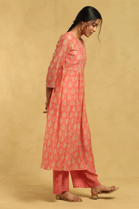 Buy_Ritu Kumar_Peach Cotton, Silk Embroidery Round Neck Flower Print Kurta And Palazzo Set_Online_at_Aza_Fashions