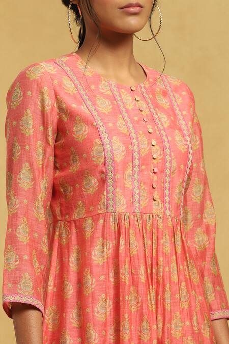 Shop_Ritu Kumar_Peach Cotton, Silk Embroidery Round Neck Flower Print Kurta And Palazzo Set_Online_at_Aza_Fashions