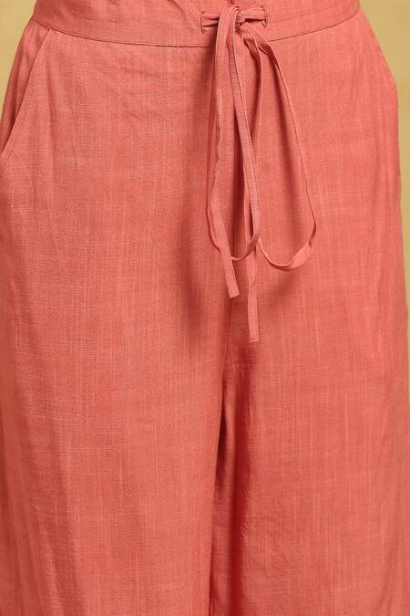 Ritu Kumar_Peach Cotton, Silk Embroidery Round Neck Flower Print Kurta And Palazzo Set_at_Aza_Fashions