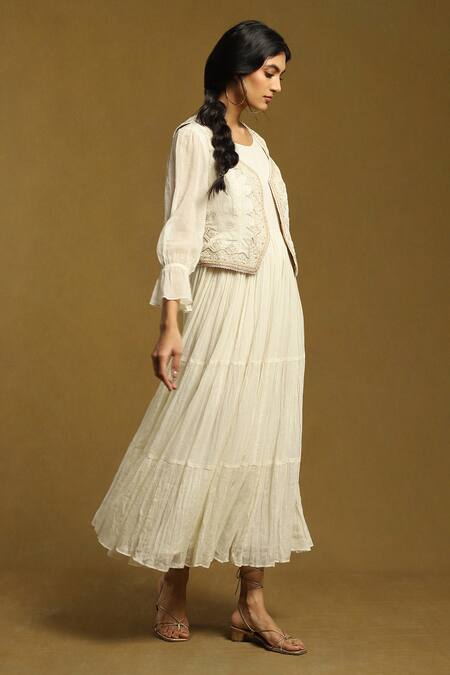 Buy_Ritu Kumar_Off White Cotton Beads, Embroidery Square Neck, Tiered Anarkali With Jacket_Online_at_Aza_Fashions