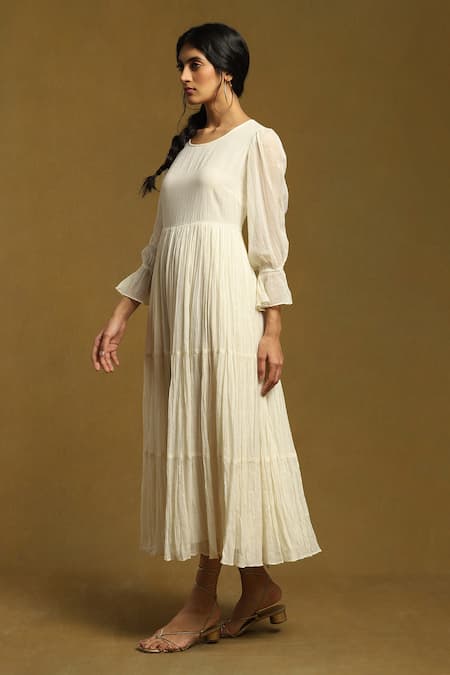 Shop_Ritu Kumar_Off White Cotton Beads, Embroidery Square Neck, Tiered Anarkali With Jacket_Online_at_Aza_Fashions