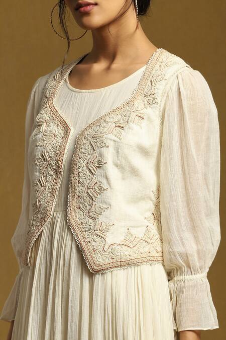 Ritu Kumar_Off White Cotton Beads, Embroidery Square Neck, Tiered Anarkali With Jacket_at_Aza_Fashions