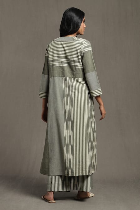 Shop Ritu Kumar Green Cotton Boat , Open Stripe Print Shrug Palazzo Set at Aza Fashions Shop_Ritu Kumar_Green Cotton Boat , Open Stripe Print Shrug Palazzo Set _at_Aza_Fashions