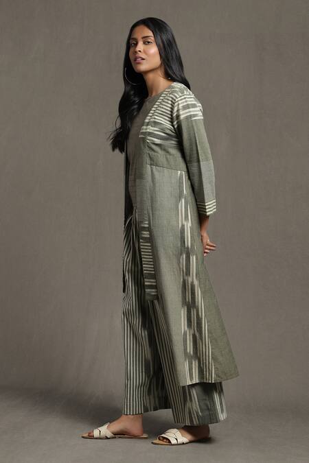 Ritu Kumar Green Cotton Boat , Open Stripe Print Shrug Palazzo Set Online at Aza Fashions Ritu Kumar_Green Cotton Boat , Open Stripe Print Shrug Palazzo Set _Online_at_Aza_Fashions