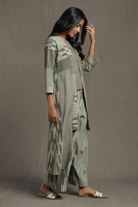Buy Ritu Kumar Green Cotton Boat , Open Stripe Print Shrug Palazzo Set Online at Aza Fashions Buy_Ritu Kumar_Green Cotton Boat , Open Stripe Print Shrug Palazzo Set _Online_at_Aza_Fashions
