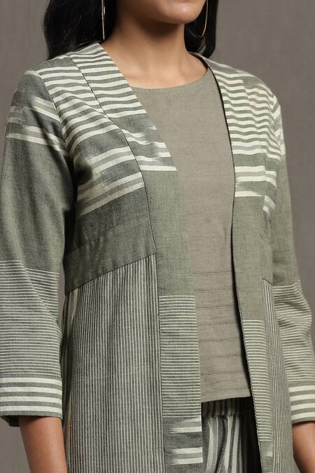 Shop Ritu Kumar Green Cotton Boat , Open Stripe Print Shrug Palazzo Set Online at Aza Fashions Shop_Ritu Kumar_Green Cotton Boat , Open Stripe Print Shrug Palazzo Set _Online_at_Aza_Fashions