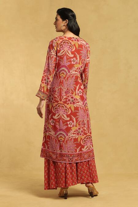 Shop Ritu Kumar Orange Cotton, Silk Embroidery Collared Flower Print Kurta Palazzo Set at Aza Fashions Shop_Ritu Kumar_Orange Cotton, Silk Embroidery Collared Flower Print Kurta Palazzo Set_at_Aza_Fashions