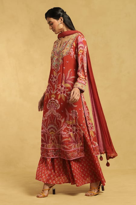 Ritu Kumar Orange Cotton, Silk Embroidery Collared Flower Print Kurta Palazzo Set Online at Aza Fashions Ritu Kumar_Orange Cotton, Silk Embroidery Collared Flower Print Kurta Palazzo Set_Online_at_Aza_Fashions