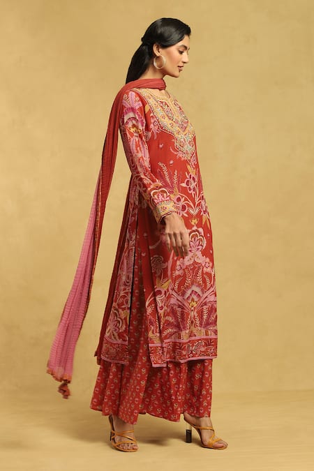Buy Ritu Kumar Orange Cotton, Silk Embroidery Collared Flower Print Kurta Palazzo Set Online at Aza Fashions Buy_Ritu Kumar_Orange Cotton, Silk Embroidery Collared Flower Print Kurta Palazzo Set_Online_at_Aza_Fashions