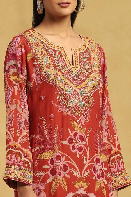Shop Ritu Kumar Orange Cotton, Silk Embroidery Collared Flower Print Kurta Palazzo Set Online at Aza Fashions Shop_Ritu Kumar_Orange Cotton, Silk Embroidery Collared Flower Print Kurta Palazzo Set_Online_at_Aza_Fashions