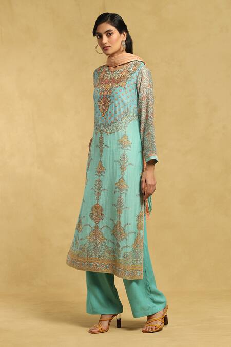 Ritu Kumar_Blue Cotton, Silk Embroidery, Tassels Round Neck Blossom Print Kurta Palazzo Set_Online_at_Aza_Fashions