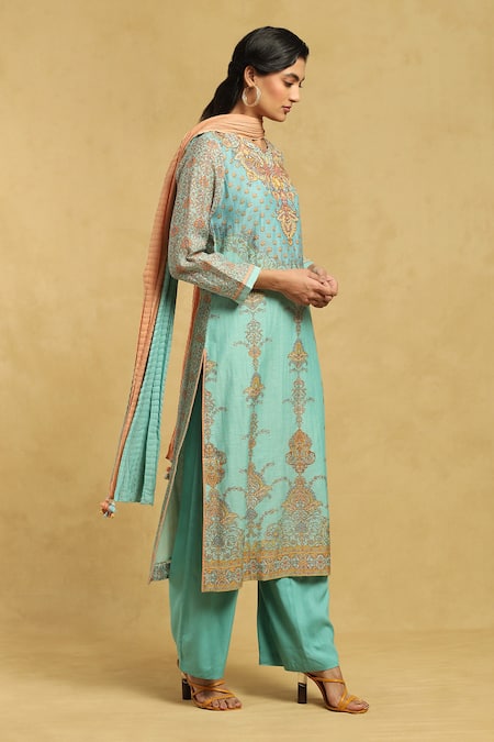 Buy_Ritu Kumar_Blue Cotton, Silk Embroidery, Tassels Round Neck Blossom Print Kurta Palazzo Set_Online_at_Aza_Fashions