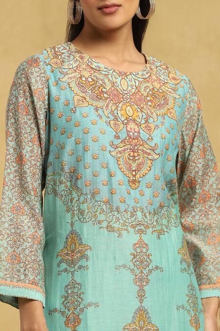 Shop_Ritu Kumar_Blue Cotton, Silk Embroidery, Tassels Round Neck Blossom Print Kurta Palazzo Set_Online_at_Aza_Fashions