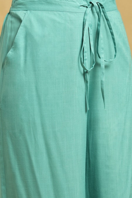 Ritu Kumar_Blue Cotton, Silk Embroidery, Tassels Round Neck Blossom Print Kurta Palazzo Set_at_Aza_Fashions