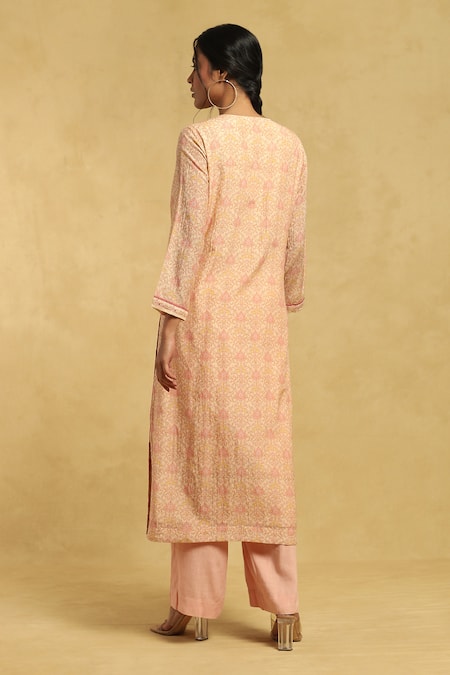 Shop Ritu Kumar Beige Cotton, Silk Embroidery Keyhole Neck Flower Print Kurta Set at Aza Fashions Shop_Ritu Kumar_Beige Cotton, Silk Embroidery Keyhole Neck Flower Print Kurta Set_at_Aza_Fashions