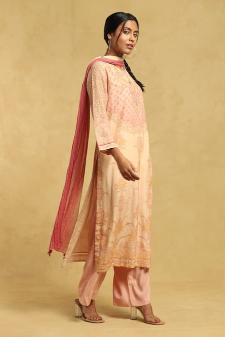 Buy Ritu Kumar Beige Cotton, Silk Embroidery Keyhole Neck Flower Print Kurta Set Online at Aza Fashions Buy_Ritu Kumar_Beige Cotton, Silk Embroidery Keyhole Neck Flower Print Kurta Set_Online_at_Aza_Fashions