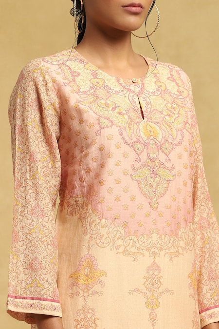 Shop Ritu Kumar Beige Cotton, Silk Embroidery Keyhole Neck Flower Print Kurta Set Online at Aza Fashions Shop_Ritu Kumar_Beige Cotton, Silk Embroidery Keyhole Neck Flower Print Kurta Set_Online_at_Aza_Fashions