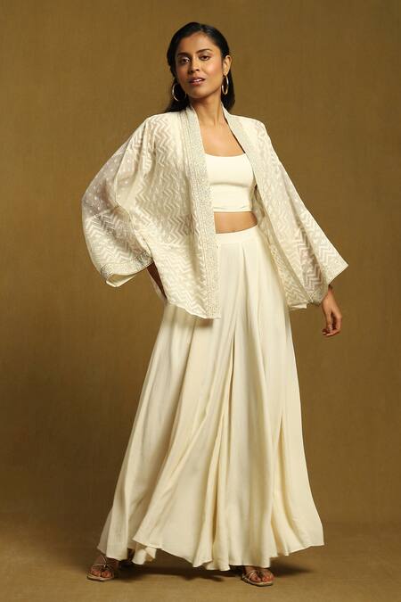 Ritu Kumar Off White Cotton, Silk Embroidery Round Neck, Chevron Pattern Shrug Palazzo Set Online at Aza Fashions Ritu Kumar_Off White Cotton, Silk Embroidery Round Neck, Chevron Pattern Shrug Palazzo Set_Online_at_Aza_Fashions