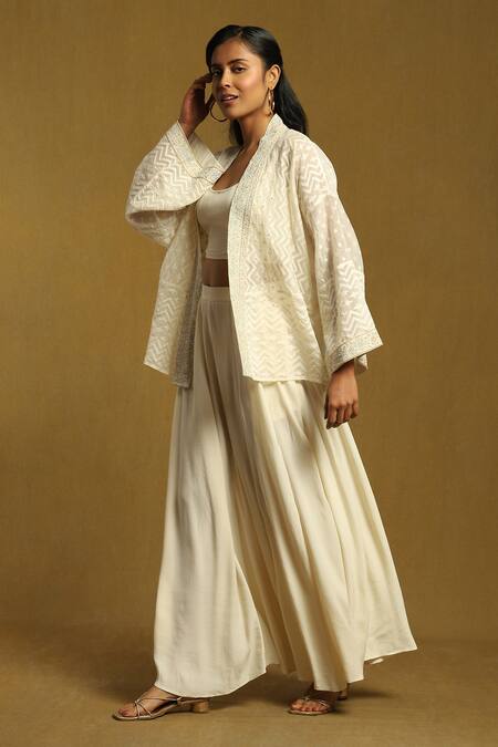 Buy Ritu Kumar Off White Cotton, Silk Embroidery Round Neck, Chevron Pattern Shrug Palazzo Set Online at Aza Fashions Buy_Ritu Kumar_Off White Cotton, Silk Embroidery Round Neck, Chevron Pattern Shrug Palazzo Set_Online_at_Aza_Fashions