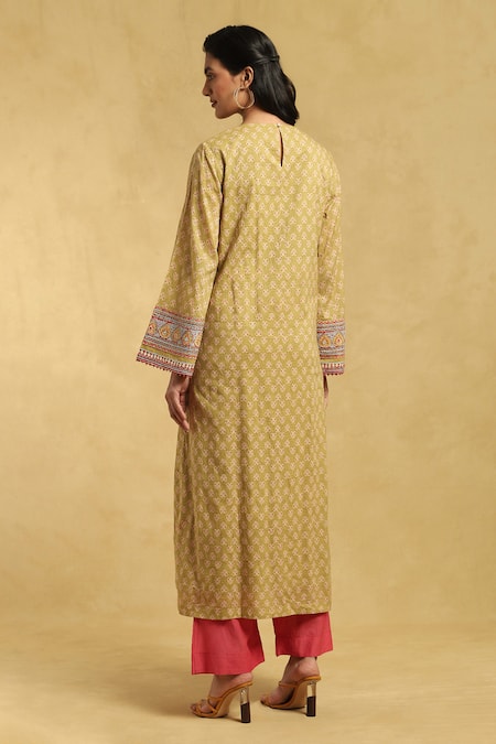 Shop Ritu Kumar Green Cotton Embroidery, Mirrors, Tassels Round Floral Print Straight Kurta Set at Aza Fashions Shop_Ritu Kumar_Green Cotton Embroidery, Mirrors, Tassels Round Floral Print Straight Kurta Set _at_Aza_Fashions