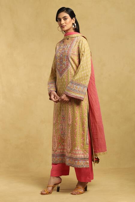 Ritu Kumar Green Cotton Embroidery, Mirrors, Tassels Round Floral Print Straight Kurta Set Online at Aza Fashions Ritu Kumar_Green Cotton Embroidery, Mirrors, Tassels Round Floral Print Straight Kurta Set _Online_at_Aza_Fashions