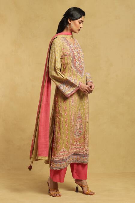 Buy Ritu Kumar Green Cotton Embroidery, Mirrors, Tassels Round Floral Print Straight Kurta Set Online at Aza Fashions Buy_Ritu Kumar_Green Cotton Embroidery, Mirrors, Tassels Round Floral Print Straight Kurta Set _Online_at_Aza_Fashions