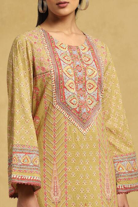 Shop Ritu Kumar Green Cotton Embroidery, Mirrors, Tassels Round Floral Print Straight Kurta Set Online at Aza Fashions Shop_Ritu Kumar_Green Cotton Embroidery, Mirrors, Tassels Round Floral Print Straight Kurta Set _Online_at_Aza_Fashions