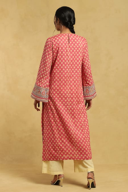 Shop Ritu Kumar Pink Cotton Embroidery, Tassels Round Jharokha Block Print Kurta Palazzo Set at Aza Fashions Shop_Ritu Kumar_Pink Cotton Embroidery, Tassels Round Jharokha Block Print Kurta Palazzo Set_at_Aza_Fashions