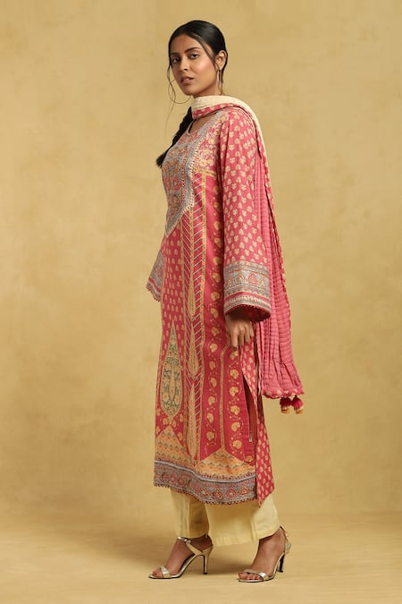 Ritu Kumar Pink Cotton Embroidery, Tassels Round Jharokha Block Print Kurta Palazzo Set Online at Aza Fashions Ritu Kumar_Pink Cotton Embroidery, Tassels Round Jharokha Block Print Kurta Palazzo Set_Online_at_Aza_Fashions