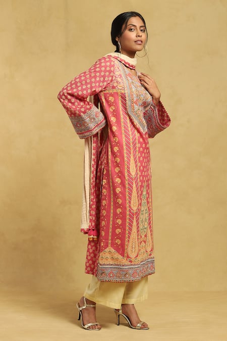 Buy Ritu Kumar Pink Cotton Embroidery, Tassels Round Jharokha Block Print Kurta Palazzo Set Online at Aza Fashions Buy_Ritu Kumar_Pink Cotton Embroidery, Tassels Round Jharokha Block Print Kurta Palazzo Set_Online_at_Aza_Fashions