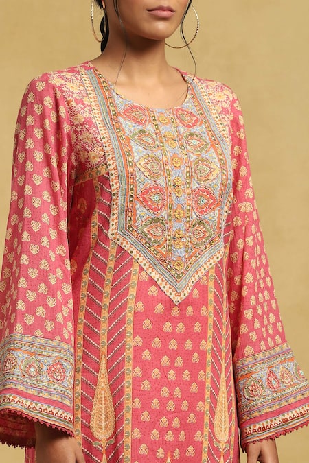 Shop Ritu Kumar Pink Cotton Embroidery, Tassels Round Jharokha Block Print Kurta Palazzo Set Online at Aza Fashions Shop_Ritu Kumar_Pink Cotton Embroidery, Tassels Round Jharokha Block Print Kurta Palazzo Set_Online_at_Aza_Fashions