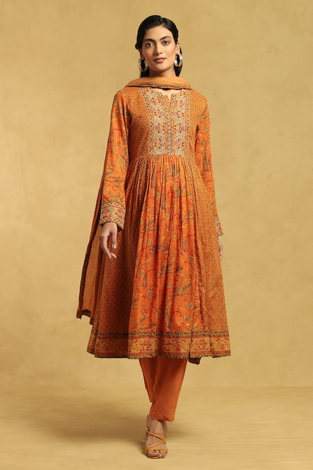 Ritu Kumar Orange Anarkali Cotton 100s Voile Print Paisley Round Neck Vine Set 