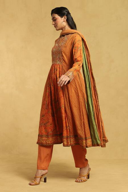 Ritu Kumar_Orange Satin, Rayon, Embroidery Paisley Vine Print Anarkali Set_Online_at_Aza_Fashions