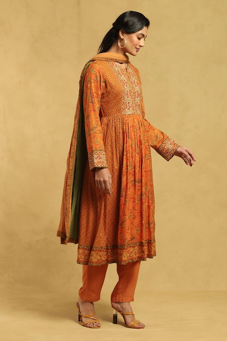 Buy_Ritu Kumar_Orange Satin, Rayon, Embroidery Paisley Vine Print Anarkali Set_Online_at_Aza_Fashions