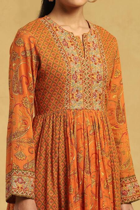Shop_Ritu Kumar_Orange Satin, Rayon, Embroidery Paisley Vine Print Anarkali Set_Online_at_Aza_Fashions