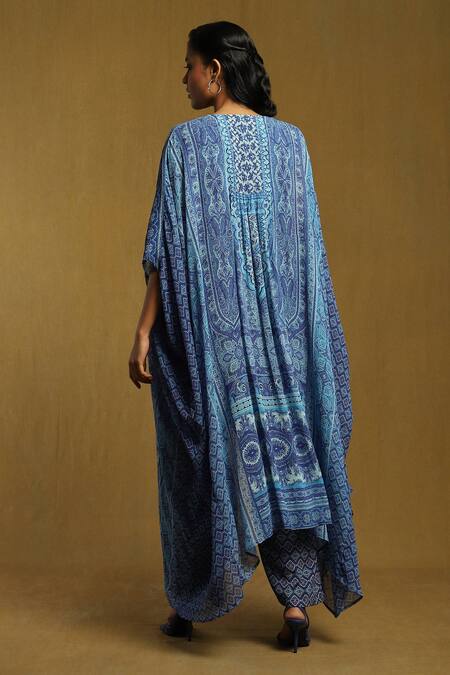 Shop Ritu Kumar Blue Viscose, Chiffon, Crepe Embroidery Oriental Floral Print Shrug Palazzo Set at Aza Fashions Shop_Ritu Kumar_Blue Viscose, Chiffon, Crepe Embroidery Oriental Floral Print Shrug Palazzo Set_at_Aza_Fashions
