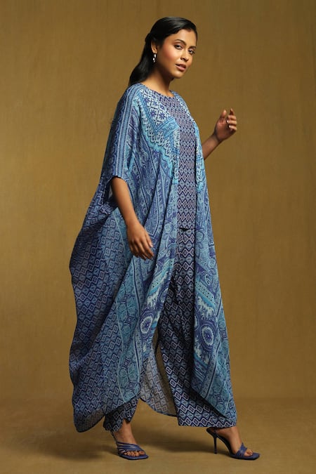 Buy Ritu Kumar Blue Viscose, Chiffon, Crepe Embroidery Oriental Floral Print Shrug Palazzo Set Online at Aza Fashions Buy_Ritu Kumar_Blue Viscose, Chiffon, Crepe Embroidery Oriental Floral Print Shrug Palazzo Set_Online_at_Aza_Fashions