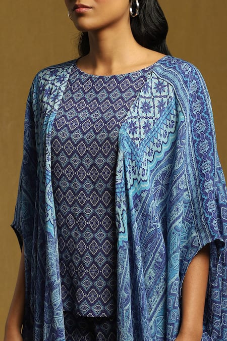 Shop Ritu Kumar Blue Viscose, Chiffon, Crepe Embroidery Oriental Floral Print Shrug Palazzo Set Online at Aza Fashions Shop_Ritu Kumar_Blue Viscose, Chiffon, Crepe Embroidery Oriental Floral Print Shrug Palazzo Set_Online_at_Aza_Fashions