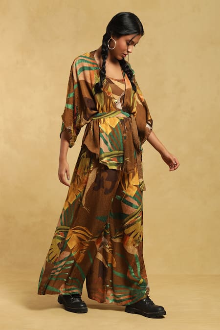 Buy Ritu Kumar Brown Viscose, Lycra Open , Round Tropical Print Shrug And Palazzo Set Online at Aza Fashions Buy_Ritu Kumar_Brown Viscose, Lycra Open , Round Tropical Print Shrug And Palazzo Set _Online_at_Aza_Fashions